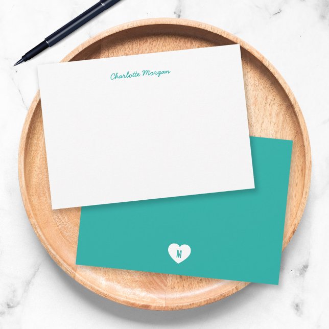 Custom Color Monogram Heart Back Modern Script Note Card (Creator Uploaded)