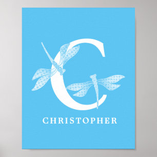Custom Color Monogram Letter C Dragonfly Nursery Poster