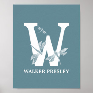 Custom Color Monogram Letter W Dragonfly boy girl Poster