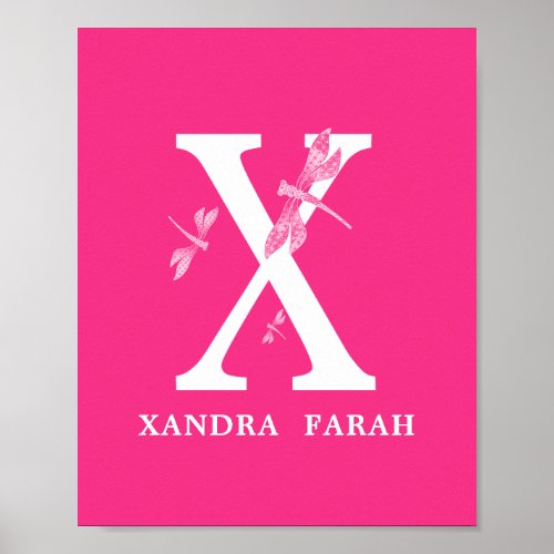 Custom Color Monogram Letter X Dragonfly boy girl Poster