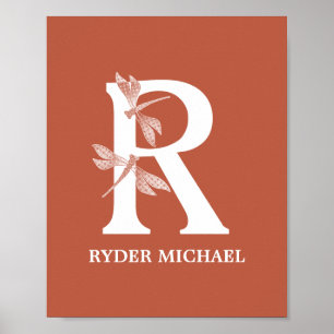 Custom Color Name Monogram Letter R Dragonfly Art Poster