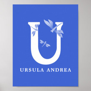 Custom Color Name Monogram Letter U Dragonfly Art Poster