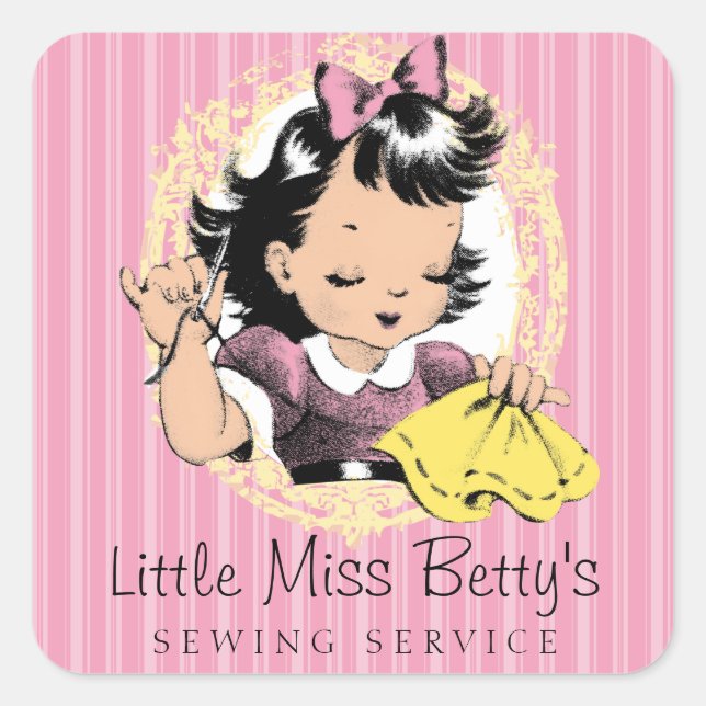 custom color seamstress sewing girl needle thread square sticker (Front)
