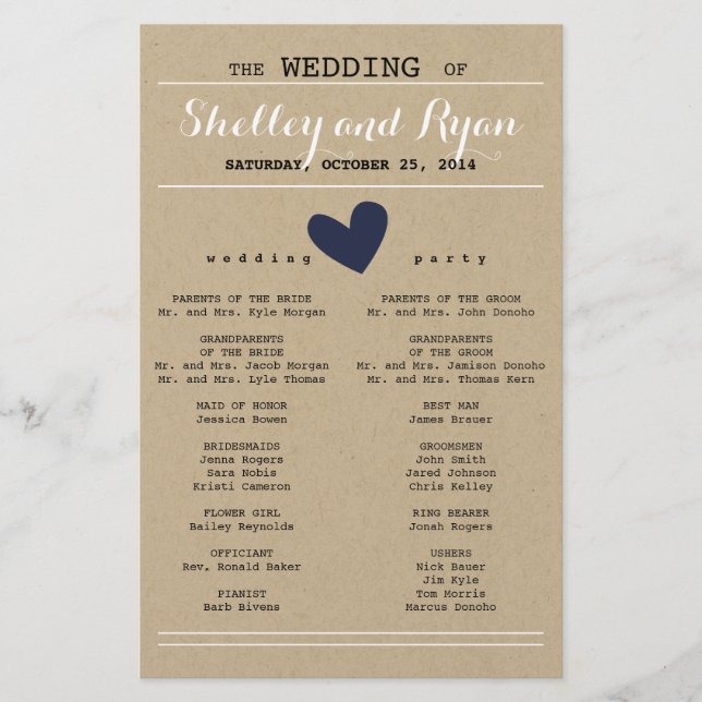 Custom Color Simple Heart Wedding Program (Front)