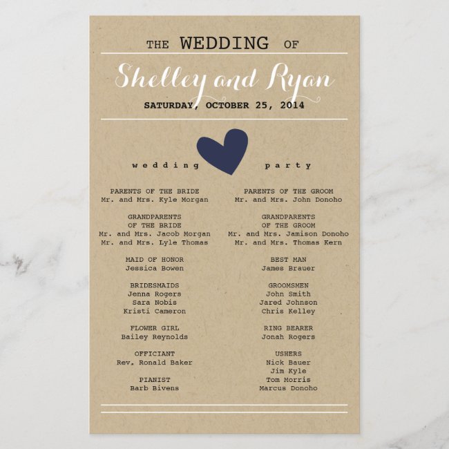 Custom Color Simple Heart Wedding Program