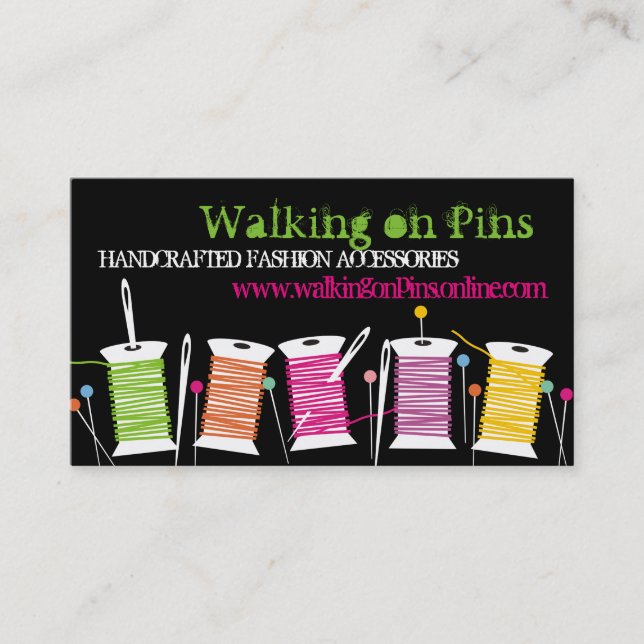 Custom color spools thread sewing pins seamstress business card (Front)