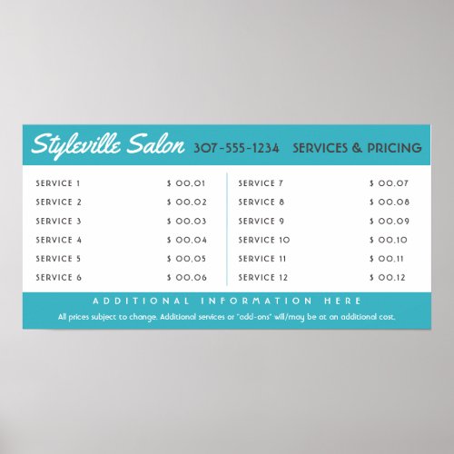 Custom color stylist salon service price display poster
