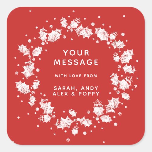 Custom Color  Text Christmas Holly Wreath Square Sticker