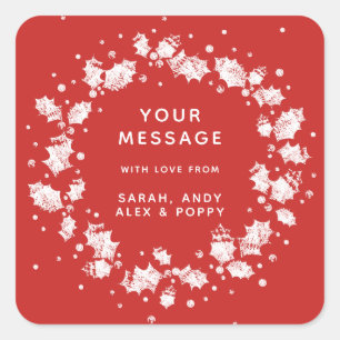 Custom Color + Text Christmas Holly Wreath Square Sticker