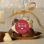 Custom Color Wedding Love is Sweet Classic Round Sticker<br><div class="desc">Stylish Love is Sweet wedding sticker with an editable background color (to change it to the color of your choice, click the customize button). Personalize it by replacing the placeholder text with your own information. For more options such as to change the font and it's size/color or the spacing between...</div>
