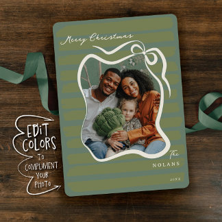Custom Color Whimsical Bow Striped Photo Christmas Holiday Card