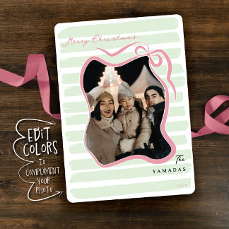 Custom Color Whimsical Bow Striped Photo Christmas Holiday Card