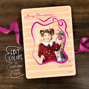 Custom Color Whimsical Bow Striped Photo Seasonal Holiday Card