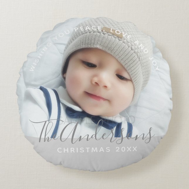 Custom Color with Custom Photo and Text Round Pillow (Front)