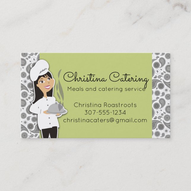 Custom color woman chef black hair catering business card (Front)