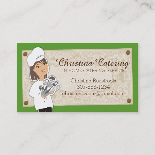 Custom color woman chef brunette catering business card