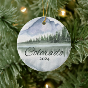 Custom Colorado Watercolor Mountain Lake Trees Ceramic Ornament