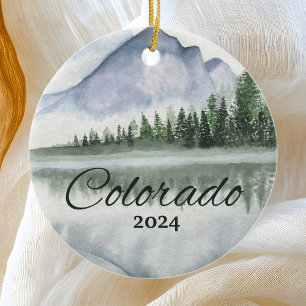 Custom Colorado Watercolor Mountain Lake Trees Ceramic Ornament