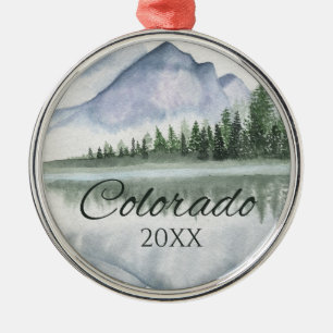 Custom Colorado Watercolor Mountain Lake Trees Metal Ornament