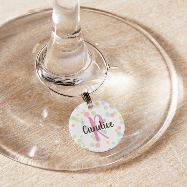 Custom colored confetti monogrammed drink glass wine charm (In Situ)