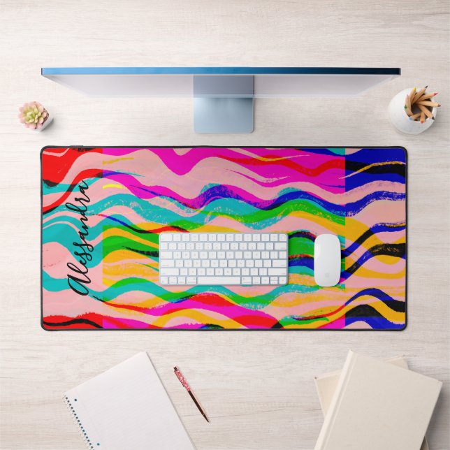Custom Colorful Abstract Hand Drawn Waves Stripes  Desk Mat (Office 1)