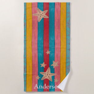 Custom Colorful  Beach Rustic Wood Starfish  Towel