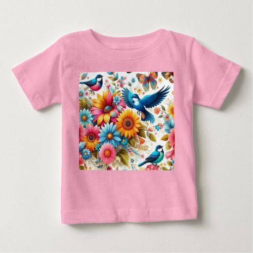 Custom Colorful Butterflies Birds Flowers Pink Baby T_Shirt