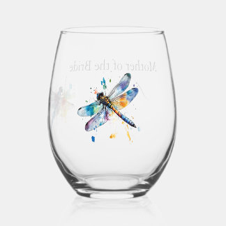 Custom Colorful Dragonfly Garden Wedding Stemless Wine Glass