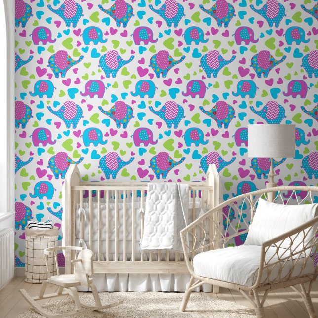 Custom Colorful Elephant Parade Pattern Wallpaper (Kids)