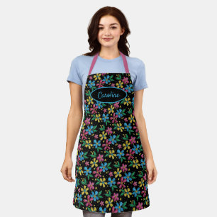 Custom Colorful Floral Pattern on Black Apron
