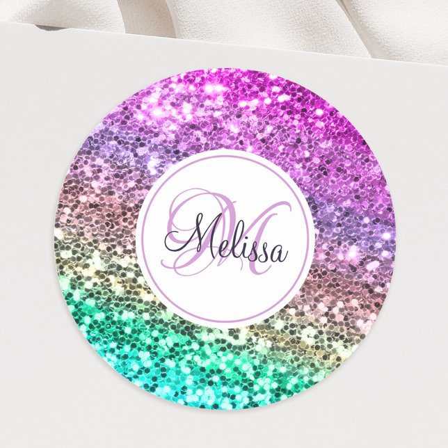 Custom Colorful Glitter Mermaid Monogrammed Name Classic Round Sticker (Creator Uploaded)