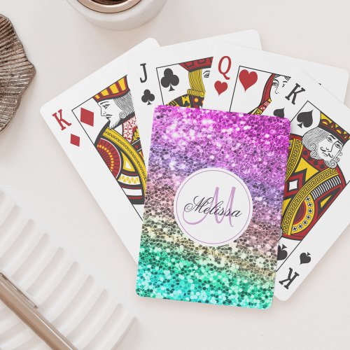 Custom Colorful Glitter Mermaid Monogrammed Name Poker Cards