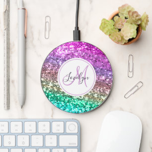 Custom Colorful Glitter Mermaid Monogrammed Name Wireless Charger