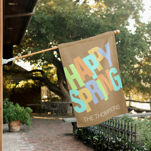 Custom Colorful Happy Spring Retro Script House Flag (In SItu)