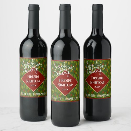 Custom Colorful Holiday Pine Tree Pattern Wine Label