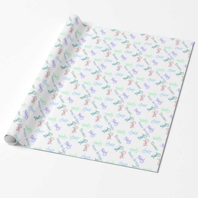 Custom Colorful Lizards Birthday Wrapping Paper (Unrolled)