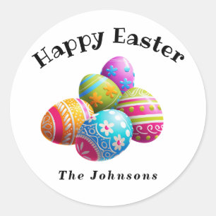 Custom Colorful Modern Egg Hunt Happy Easter  Classic Round Sticker