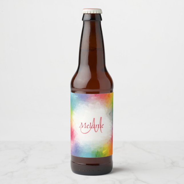 Custom Colorful Modern Rainbow Abstract Monogram Beer Bottle Label (Front)