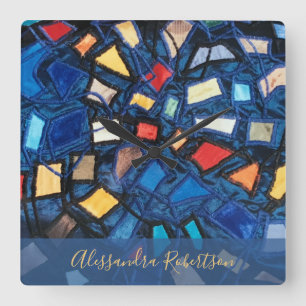 Custom Colorful Navy Stained Glass Look Abstract Square Wall Clock