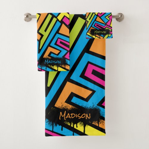 Custom Colorful Neon Graffiti Street Art Pattern  Bath Towel Set