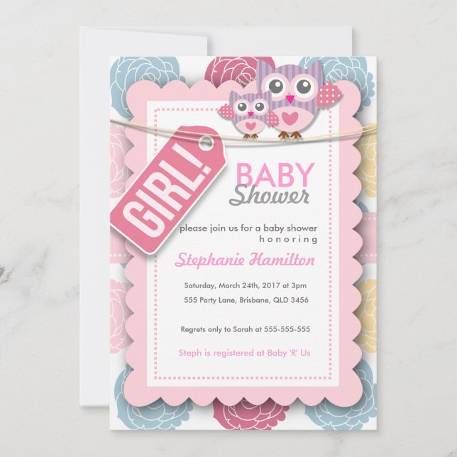 Custom colorful  owl flower baby shower invite (Front)