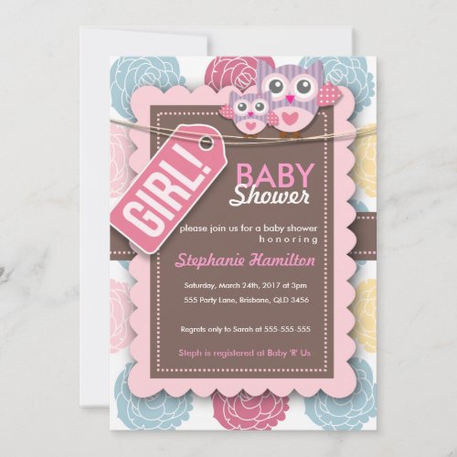 Custom colorful  owl flower baby shower invite