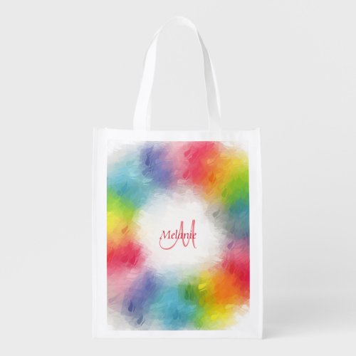Custom Colorful Rainbow Monogram Modern Template Grocery Bag