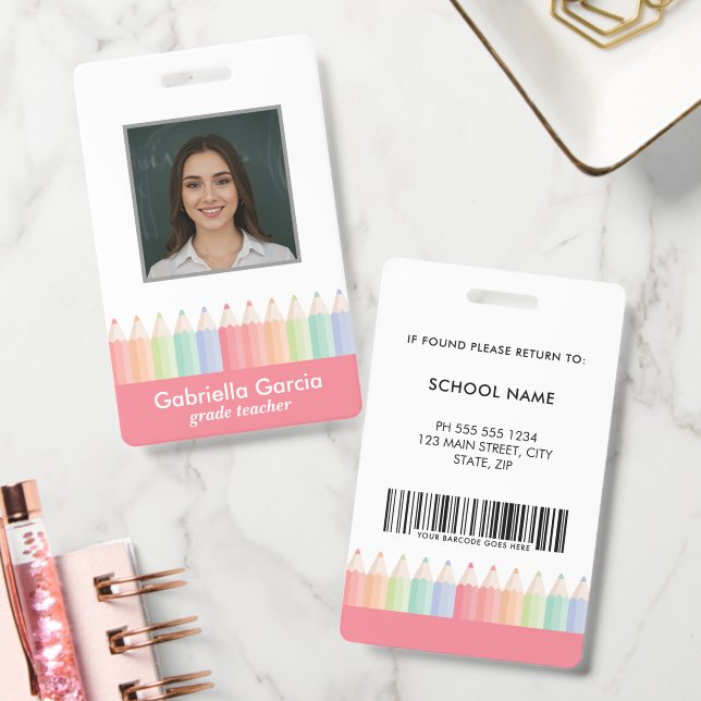 Custom Colorful Red Barcode School Teacher ID Badge (Office)