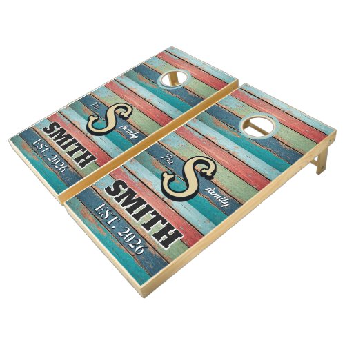Custom Colorful Rustic Wood Monogram Family Cornho Cornhole Set