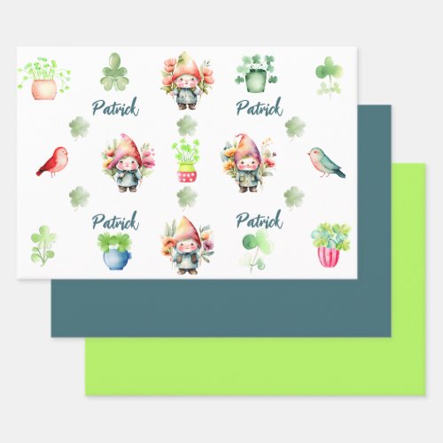 Custom Colorful St Patricks Gnomes Set of 3  Wrapping Paper Sheets