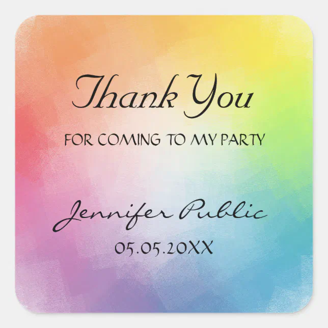 Custom Colorful Template Thank You Hand Script Square Sticker | Zazzle