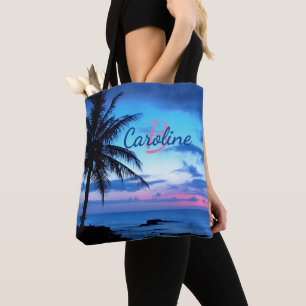 Custom Colorful Tropical Island Beach Ocean Sunset Tote Bag
