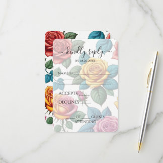 Custom Colorful Vintage Roses Wedding RSVP Card