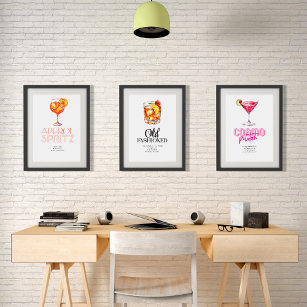 Custom Colorful Watercolor Classic Cocktail  Wall Art Sets